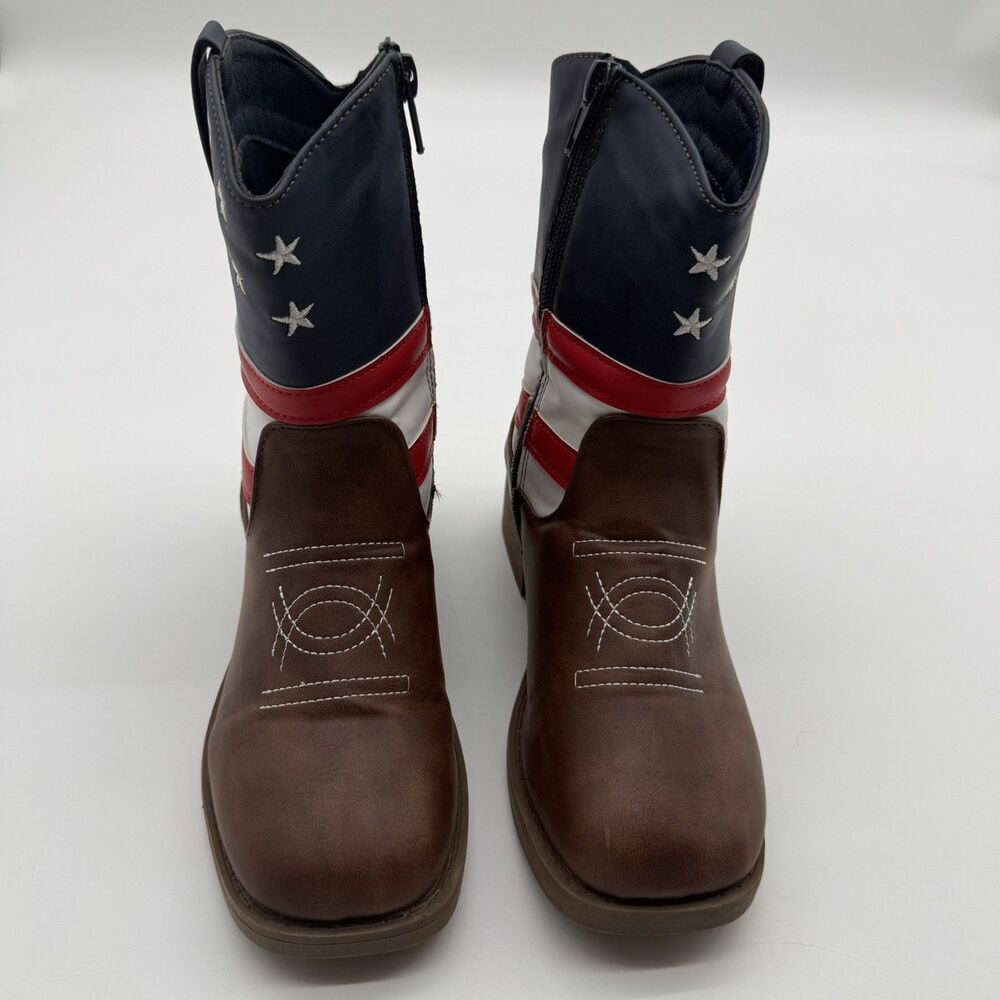 PAWZ Cowboy Boots American Patriot Flag Square Toe Western USA UNISEX Kid Size 3